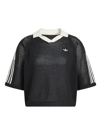 Adidas Originals Striped V-neck Polo Shirt In Black
