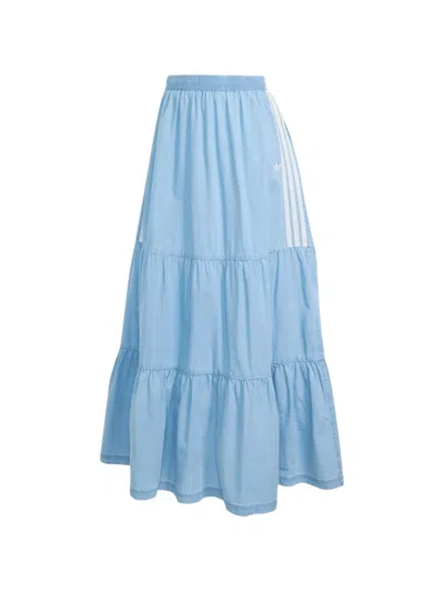 Adidas Originals Summer Glow Tiered Side-stripe Maxi Skirt In Blue