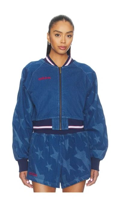 Adidas Originals Superstar Denim Graphic Varsity Bomber Jacket In Blue