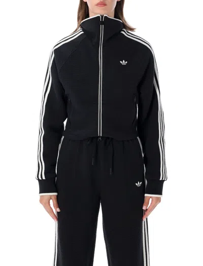 Adidas Originals Textured Jacquard Slim-fit Track Jacket With Contrast Sleeve Stripes In Nero