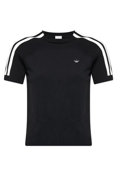 Adidas Originals Three-stripe Ribbed Top In Black