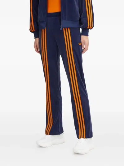 Adidas Originals Three-stripe Velour Trousers In Blue