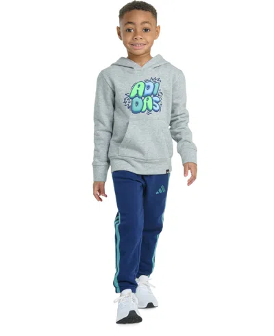 Adidas Originals Kids' Toddler & Little Boys Long-sleeve Graphic Fleece Pullover Hoodie & Jogger Pants, 2 Piece Set In Blue