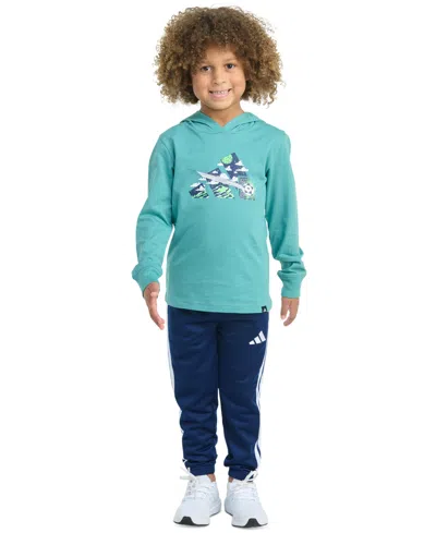 Adidas Originals Kids' Toddler & Little Boys Long-sleeve Hooded Graphic T-shirt & Jogger Pants, 2 Piece Set In Green