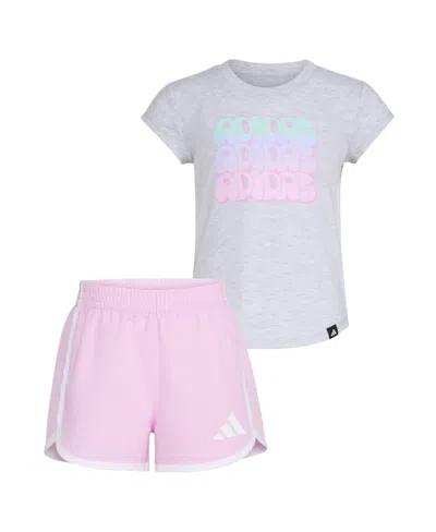 Adidas Originals Kids' Toddler And Little Girls 2-piece Cap Sleeve Heather T-shirt And Woven Short Set In Light Gray Heather