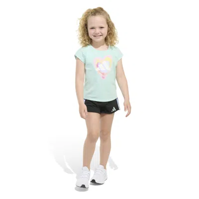 Adidas Originals Kids' Toddler And Little Girls 2-piece Short Sleeve Graphic T-shirt And Mesh Short Set In Light Aqua
