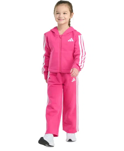 Adidas Originals Kids' Toddler & Little Girls Full-zip 3-stripe Hooded Fleece Jacket & Wide-leg Pants, 2 Piece Set In Pink