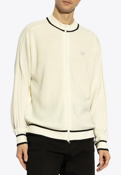 Adidas Originals Trefoil Embroidered Zipped Wool Cardigan In Beige