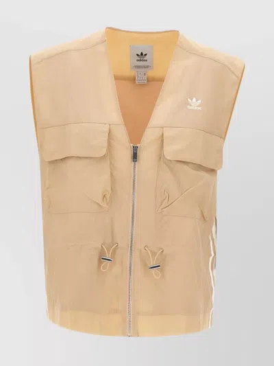 Adidas Originals V-neck Drawstring Hem Vest With Side Stripes In Neutral
