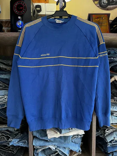 Pre-owned Adidas Originals Vintage Adidas Techno 80's Gold Stripe Sweatshirts In Blue