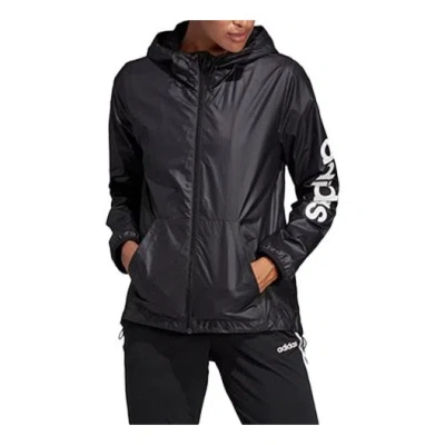 Adidas Originals (wmns) Adidas E Lin Windbr Letter Logo Printing Hooded Jacket Black