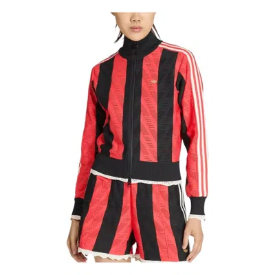 Adidas Originals (wmns)  Firebird Open-knit Crochet Track Jacket 'black Semi Lucid Red' In Multi