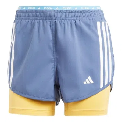 Adidas Originals (wmns) Adidas Own The Run 2-in-1 Shorts Asia Sizing 'navy Yellow' In Blue