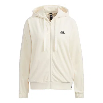 Adidas Originals (wmns) Adidas Velour Jkt Small Logo Drawstring Hooded Jacket Creamy White In Neutral