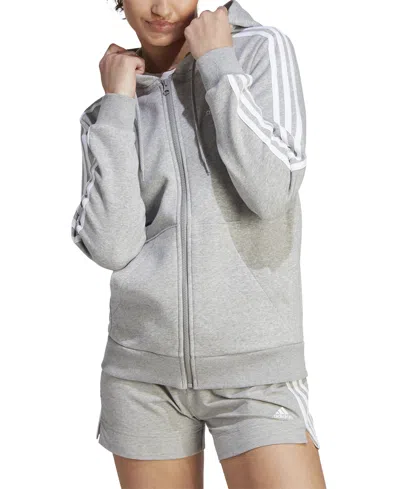 Adidas Originals Women's 3-stripe Cotton Fleece Full-zip Hoodie Sweatshirt In Medium Grey Heather