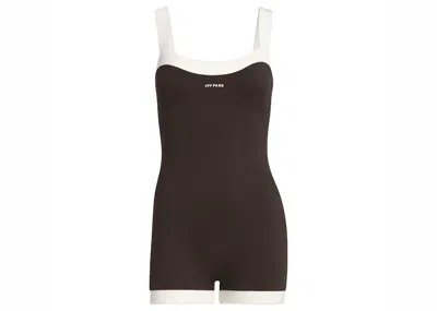 Pre-owned Adidas Originals Women's Adidas Ivy Park 60s Swim Unitard In Dark Brown/cream White