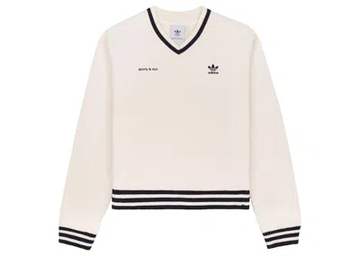 Pre-owned Adidas Originals Women's  X Sporty & Rich Vneck Sweatshirt In Cream/navy Blue