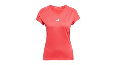 Pre-owned Adidas Originals Women's Aeroready Train Essentials Minimal Branding Vneck T-shirt In Pure Ruby/white