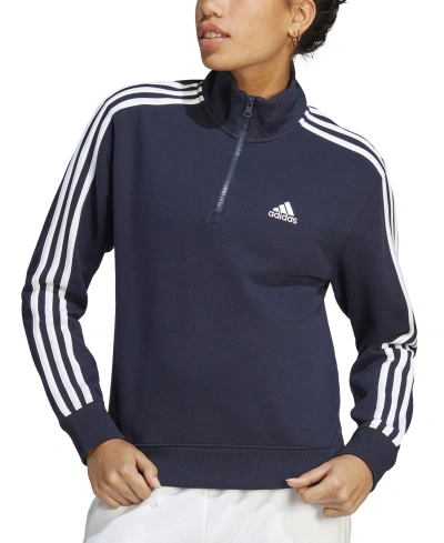 Adidas Originals Women's Cotton 3-stripes Quarter-zip Sweatshirt In Legend Ink,white