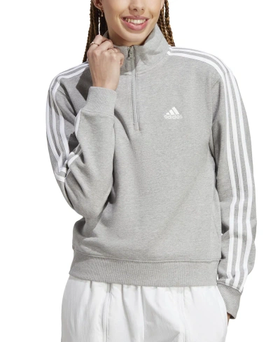 Adidas Originals Women's Cotton 3-stripes Quarter-zip Sweatshirt In Medium Grey Heather,white