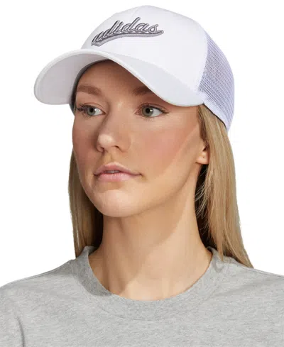 Adidas Originals Women's Embroidered Logo Mesh Trucker Hat In White,grey