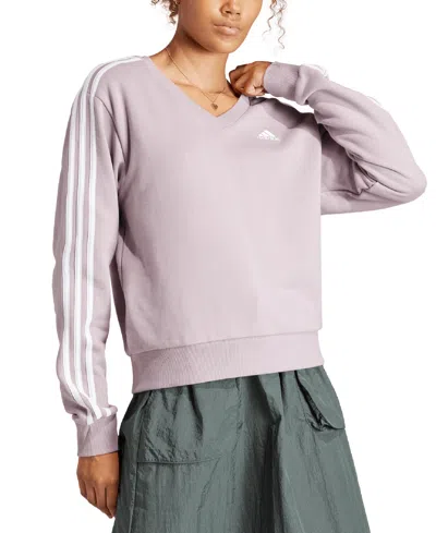 Adidas Originals Women's Essential Cotton 3-stripe V-neck Sweatshirt In Off White