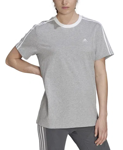 Adidas Originals Women's Essentials 3 Striped Boyfriend Tee In Medium Grey Heather,white