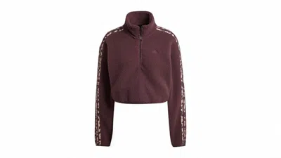 Pre-owned Adidas Originals Women's Essentials 3stripes Animal Print High Pile Cropped 1/4 Zip Top In Shadow Brown/white