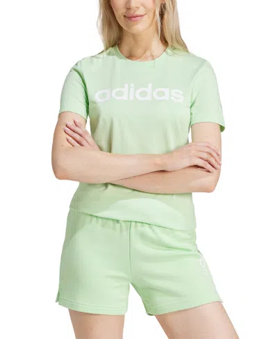 Adidas Originals Women's Essentials Cotton Linear Logo T-shirt In Semi Green Spark,white