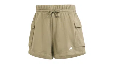 Pre-owned Adidas Originals Women's Essentials Small Logo French Terry Cargo Shorts In Olive Strata/white