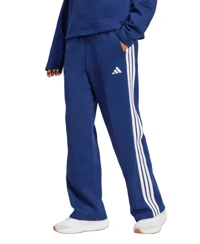 Adidas Originals Women's Essentials Three Stripes Fleece Open Hem Pants In Dark Blue,white