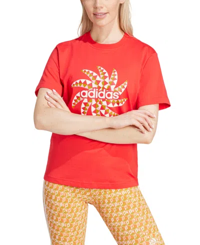 Adidas Originals Women's Farm Rio Cotton Printed Logo T-shirt In Tomato