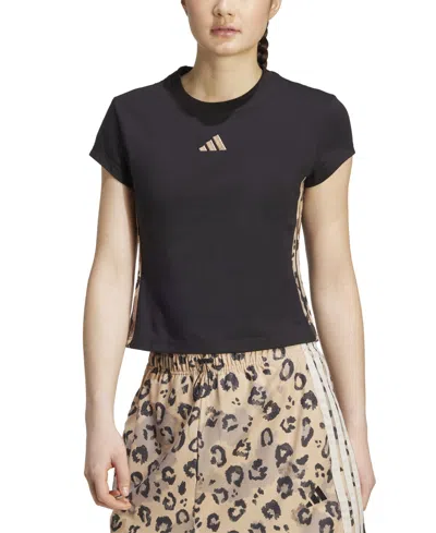 Adidas Originals Women's Leopard-print Trim Slim-fit T-shirt In Black