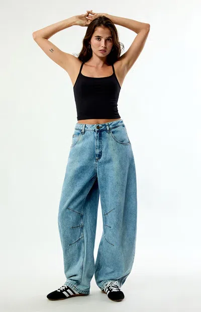Adidas Originals Women's Light Blue High Waisted Barrel Jeans In Medium Indigo