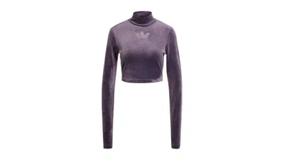 Pre-owned Adidas Originals Women's Long Sleeve Rhinestone Trefoil Velvet Crop Top In Aurora Black