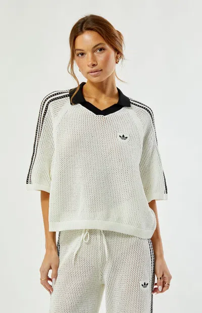 Adidas Originals Women's Off White Crochet Polo Sweater