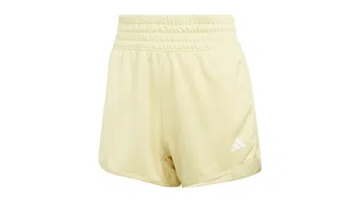 Pre-owned Adidas Originals Women's Pacer Essentials Knit Highrise Shorts In Powder Yellow/white