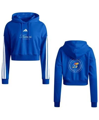 Adidas Originals Adidas Royal Kansas Jayhawks Campus Queen Cropped Pullover Hoodie In Blue