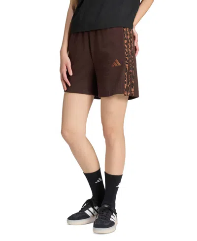 Adidas Originals Women's Seasonal Essentials 3-stripes Printed Shorts In Aurora Coffee,multicolor,preloved Brown