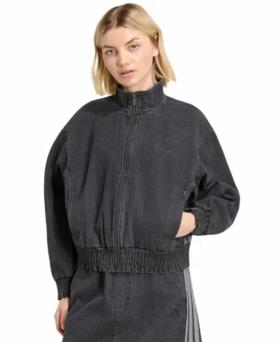 Adidas Originals Women's Stadium Washed Denim Bomber Loose-fit Jacket In Black