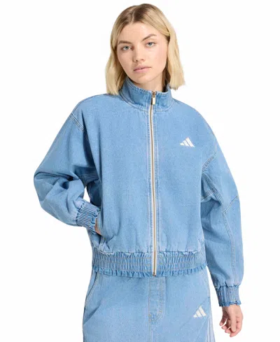 Adidas Originals Women's Stadium Washed Denim Bomber Loose-fit Jacket In Crystal Sky