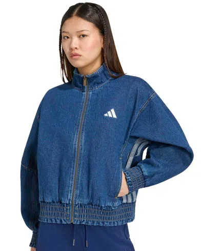 Adidas Originals Women's Stadium Washed Denim Bomber Loose-fit Jacket In Preloved Ink