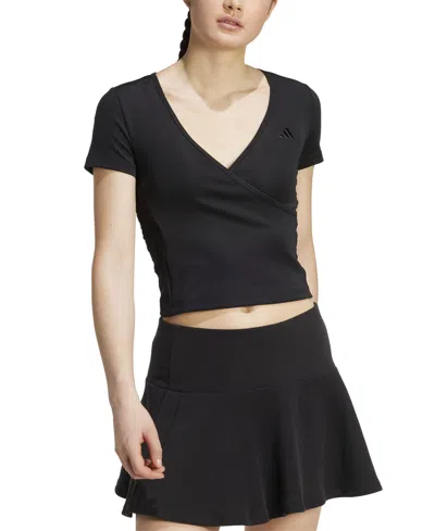 Adidas Originals Women's Surplice-neck Three-stripes Short-sleeve T-shirt In Black
