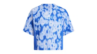 Pre-owned Adidas Originals Women's Train Essentials Allover Print Flower Tiedye T-shirt In Semi Lucid Blue