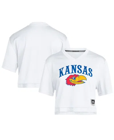 Adidas Originals Women's White Kansas Jayhawks White Out Cropped T-shirt In Neutral