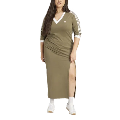 Adidas Originals Womens  Adicolor 3-stripes V-neck Maxi Dress (ps) In Olive Strata/white