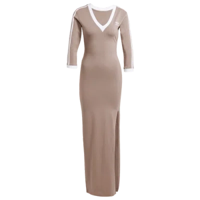Adidas Originals Womens  Maxi Dress V-neck In Trace Brown/white