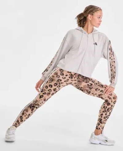 Adidas Originals Womens Animal Print 3 Stripe French Terry Zip Hoodie Leopard Print High Rise Leggings In Brown
