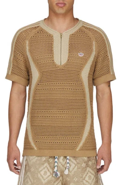 Adidas Originals X Clot Short Sleeve Quarter Zip Sweater In Brown