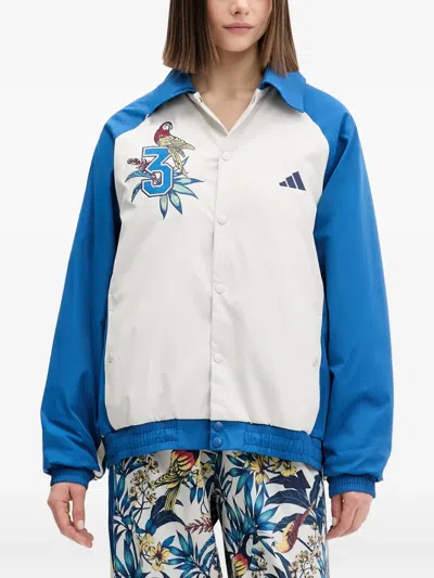 Adidas Originals X Farm Rio Embroidered-parrot Bomber Jacket In Blue